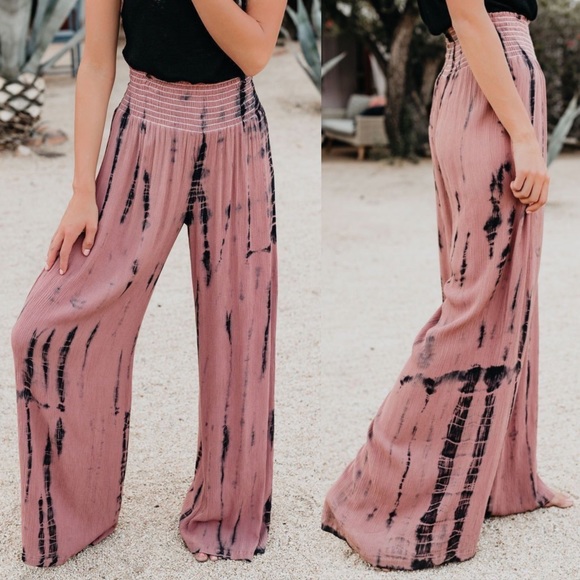 Tie-Dye Wide Leg Pant, Smocked Waistband - Picture 3 of 6